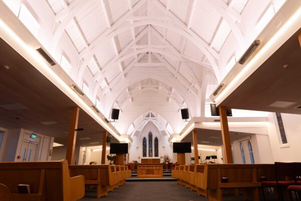 Heritage church interior lighting upgrade at Taradale Anglican Church using BEGA luminaires supplied by Moth Light
